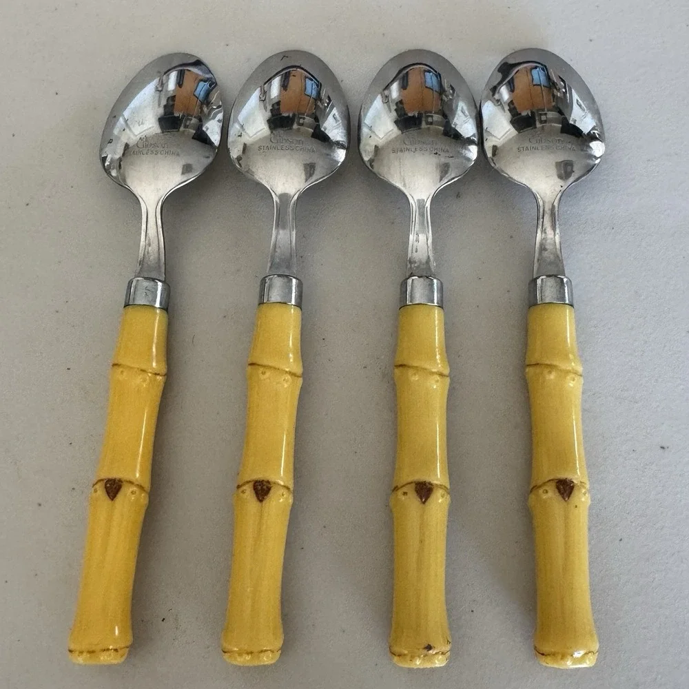 Vintage Gibson Faux Bamboo Handle Tropical Stainless Steel Set Of 4 Small Spoons
